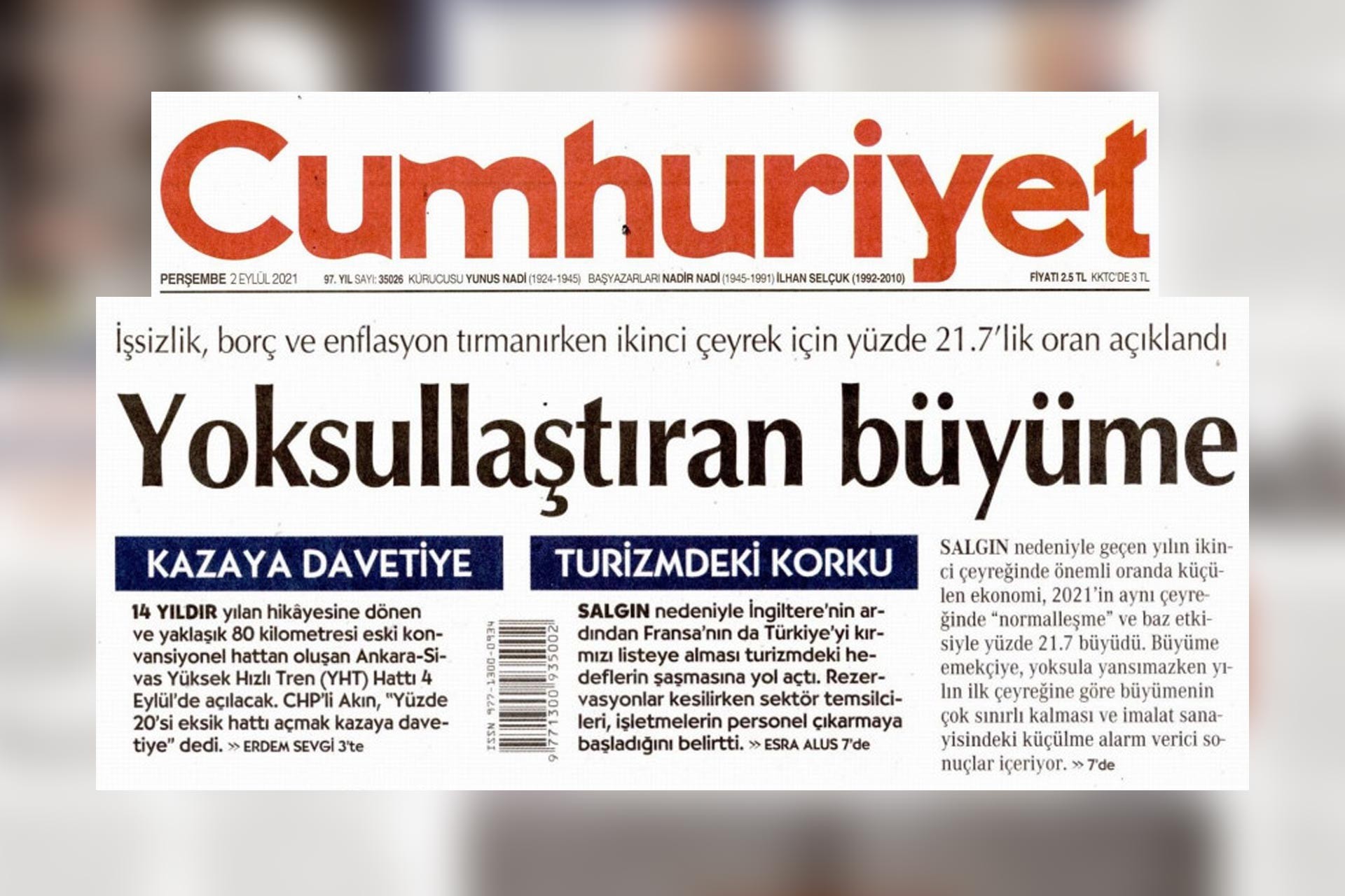 Cumhuriyet gazetesinin 2 Eylül Perşembe günü 'Büyüme rakamları' ile ilgili yayınladığı haber