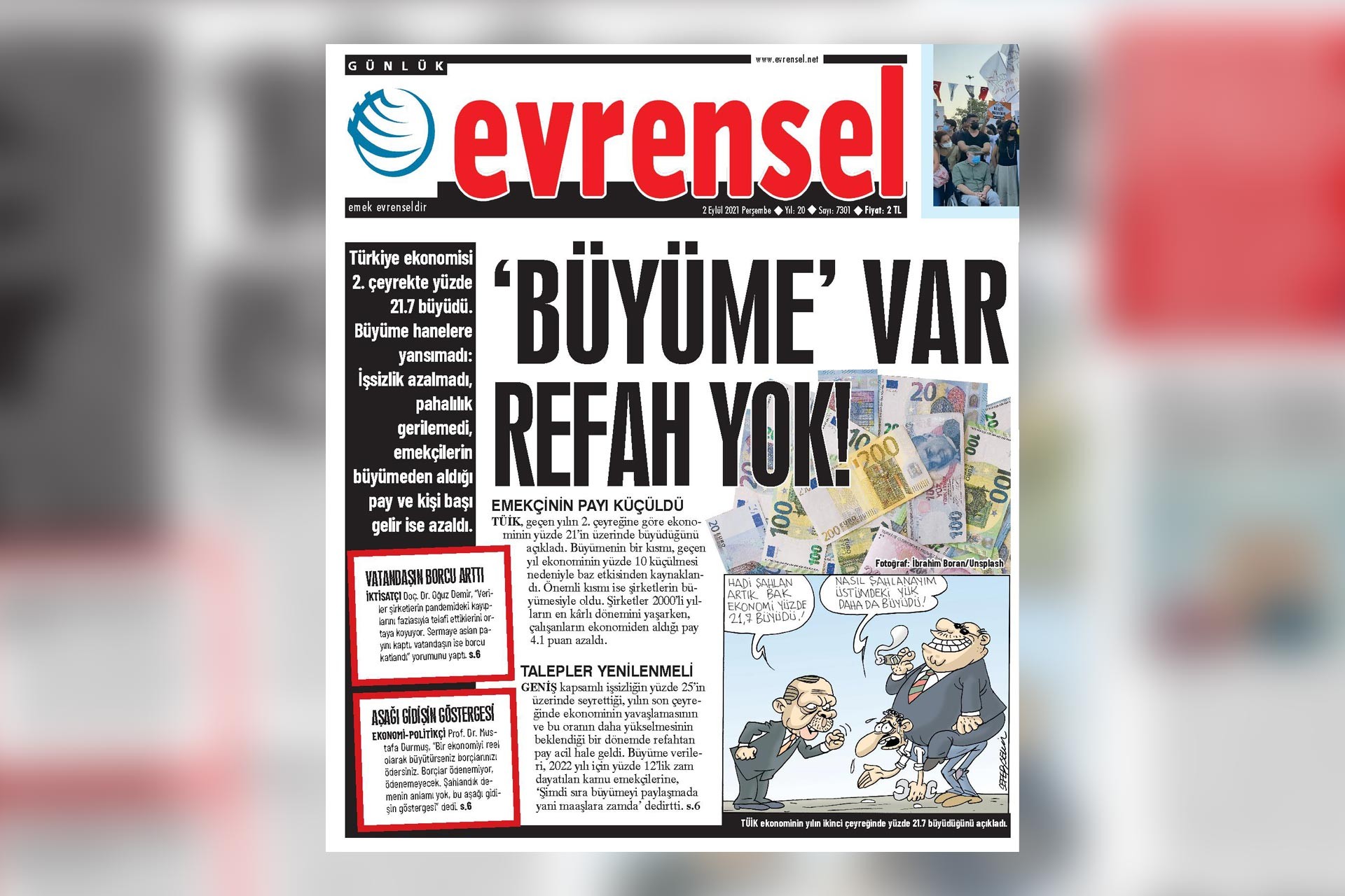 Evrensel gazetesinin 2 Eylül Perşembe günü 'Büyüme rakamları' ile ilgili yayınladığı haber