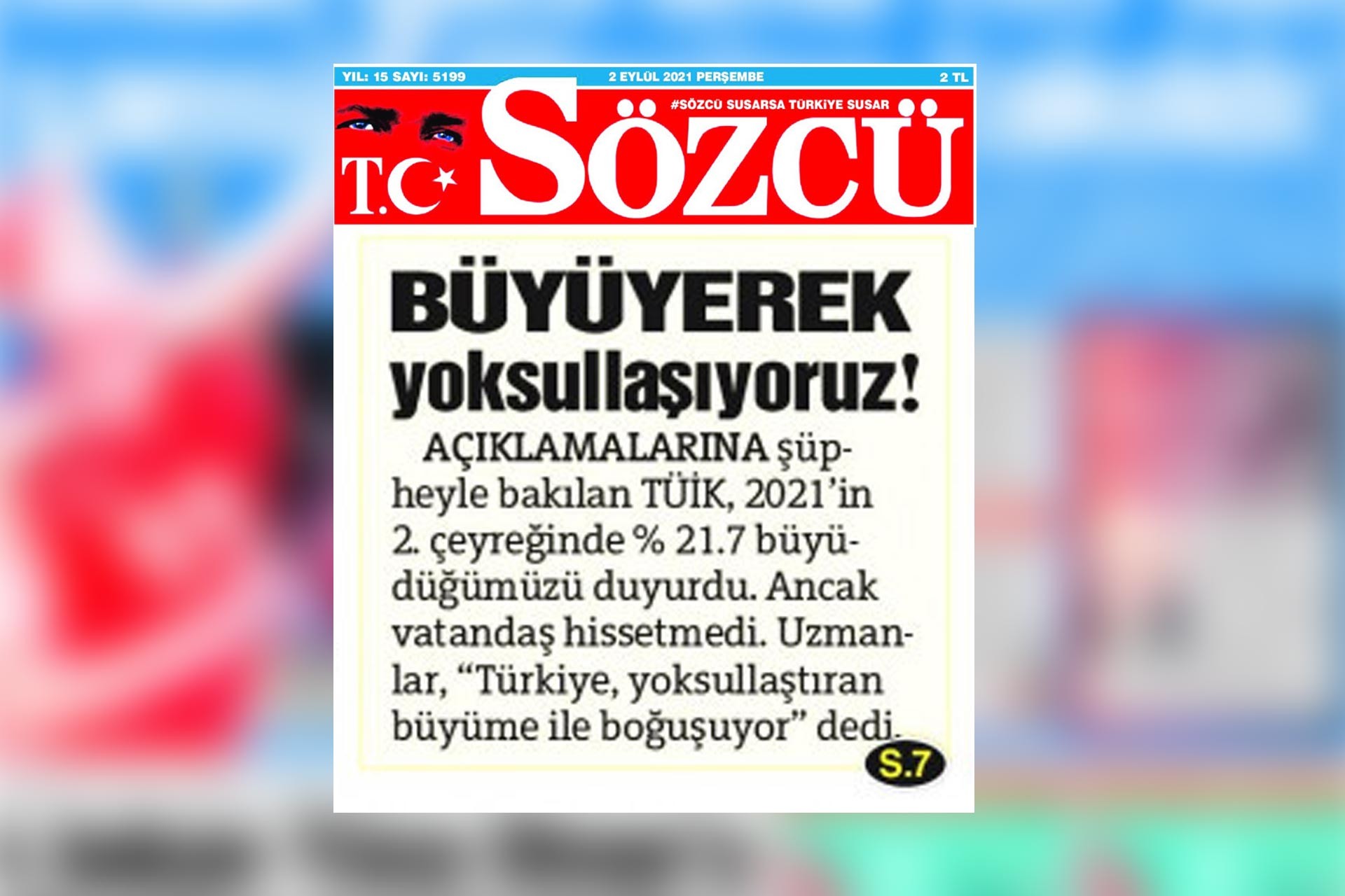 Sözcü gazetesinin 2 Eylül Perşembe günü 'Büyüme rakamları' ile ilgili yayınladığı haber