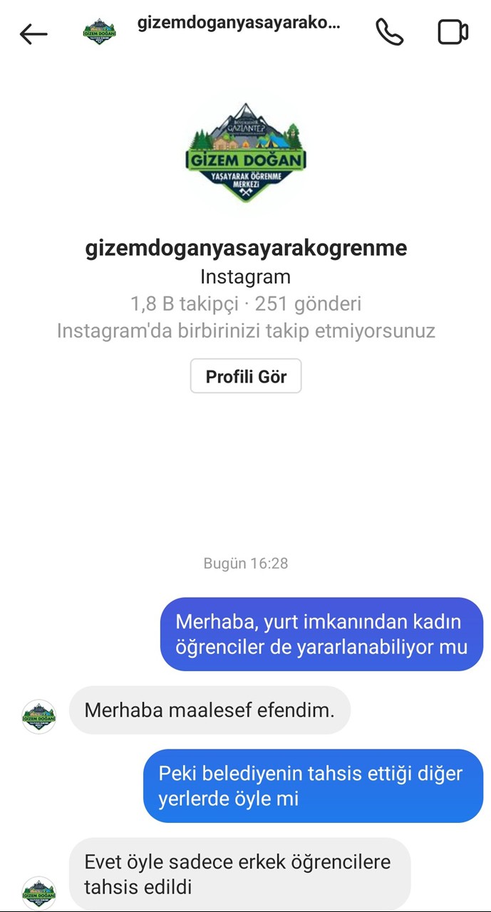 Gaziantep Büyükşehir Belediyesi Gizem Doğan Yaşayarak Öğrenme Merkezi Instagram hesabıyla yapılan yazışma