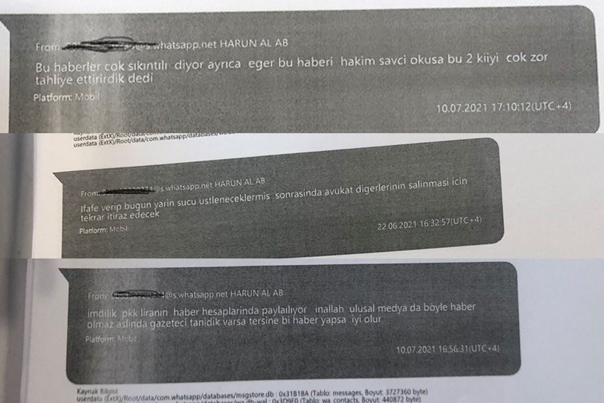 yazışmaların ekran görüntüsü