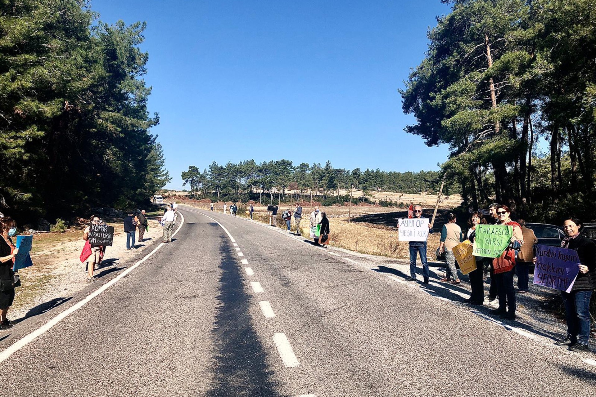 Akbelen Ormanı savunucuları yol kenarında ellerinde dövizlerle bekliyor