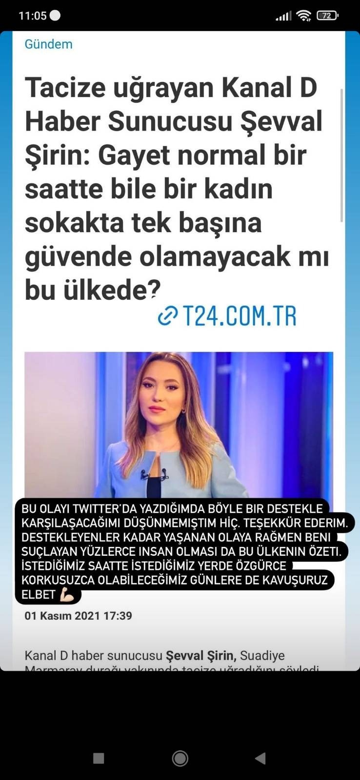 Şevval Şirin'in Instagram story paylaşımının ekran alıntısı