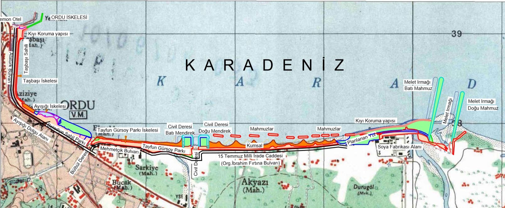 Sahil düzenleme projesi alanını gösteren harita