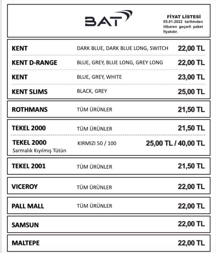 BAT grubu sigara fiyatları 2022