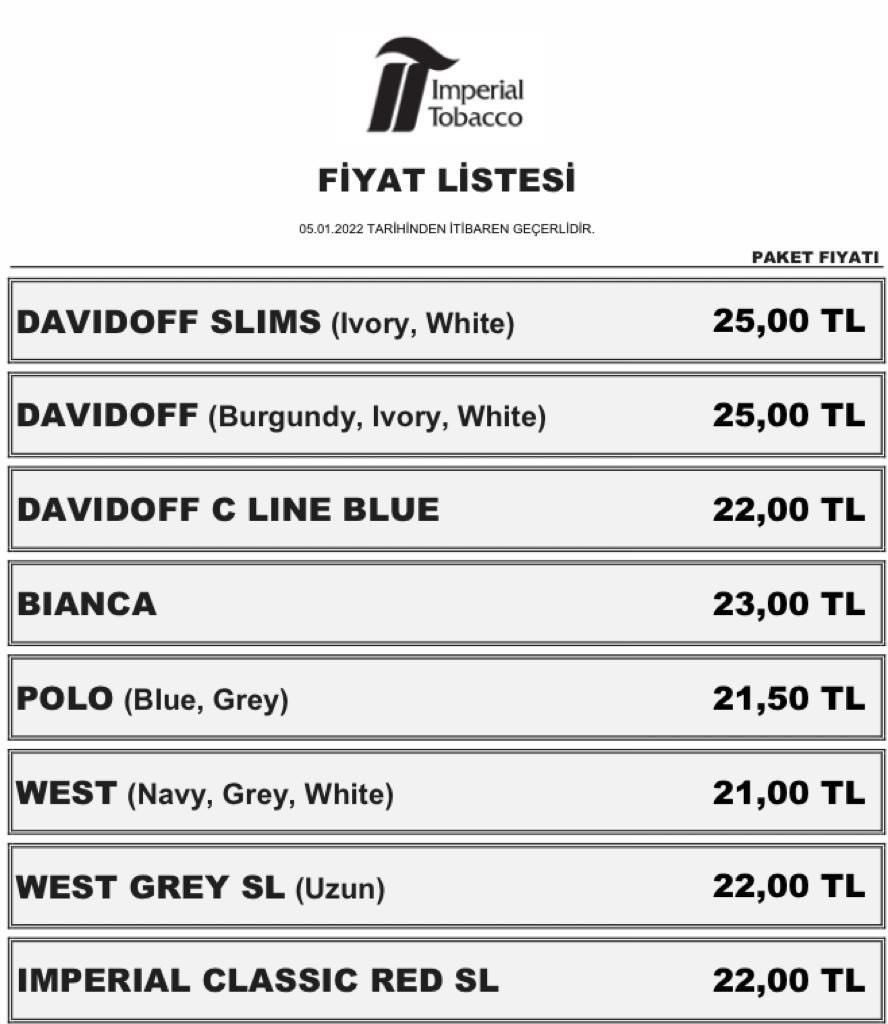 Imperial Tobacco grubu sigara fiyatları 2022