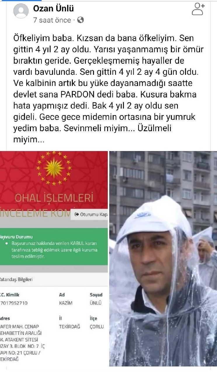 Kazım Ünlü'nün oğlu Ozan Ünlü'nün Facebook paylaşımı