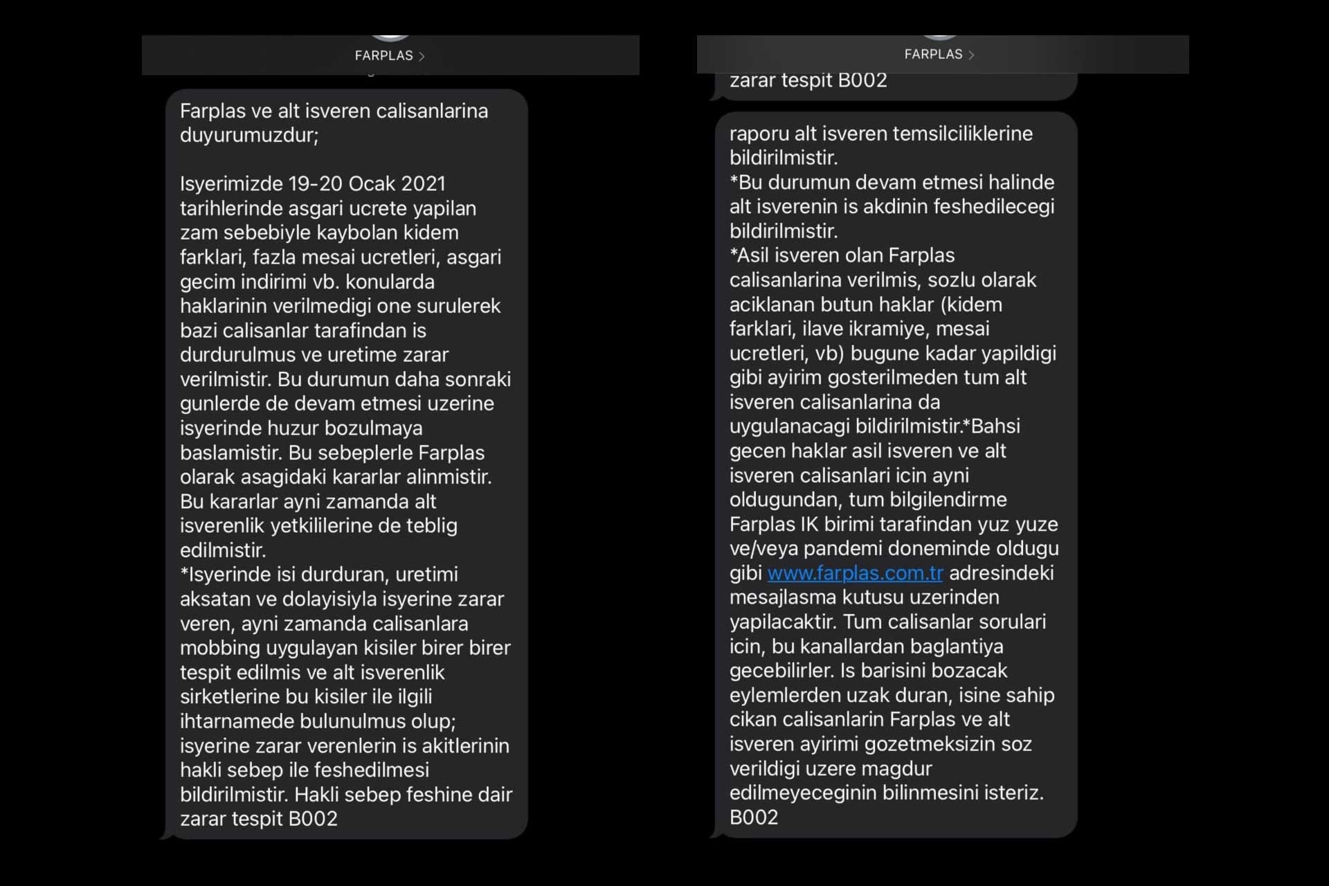 Farplas'ın işçilere gönderdiği mesajlar
