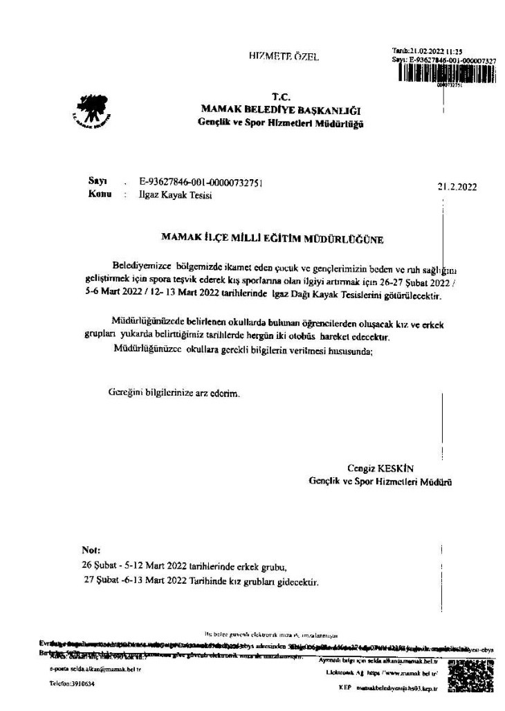 Mamak Belediyesi Gençlik ve Spor Hizmetleri Müdürlüğünün, İlçe Milli Eğitim Müdürlüğüne gönderdiği yazı