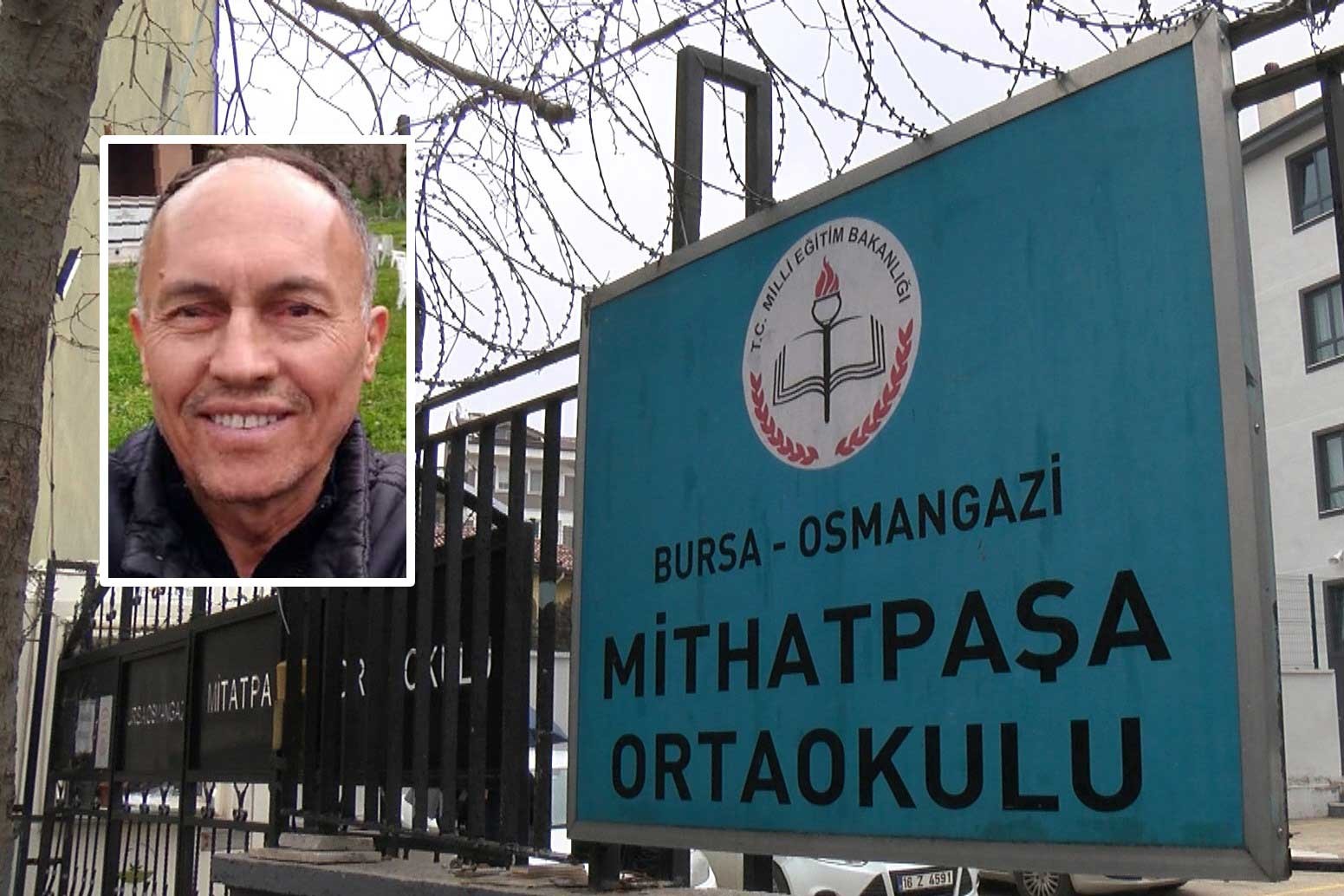 Mithatpaşa Ortaokulu tabelası ve okul müdürü Haydar Akın