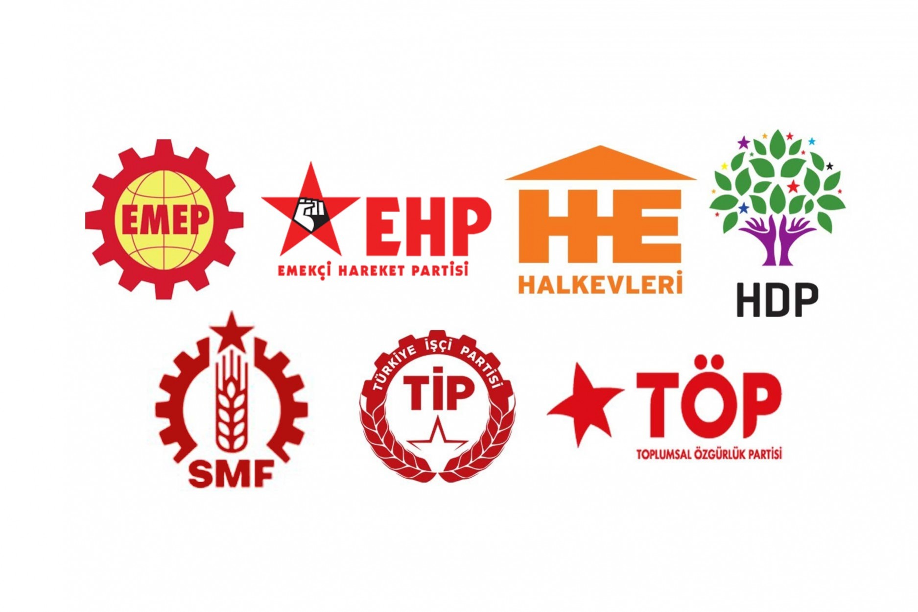 EMEP, EHP, Halkevleri, HDP, SMF, TİP ve TÖP logoları