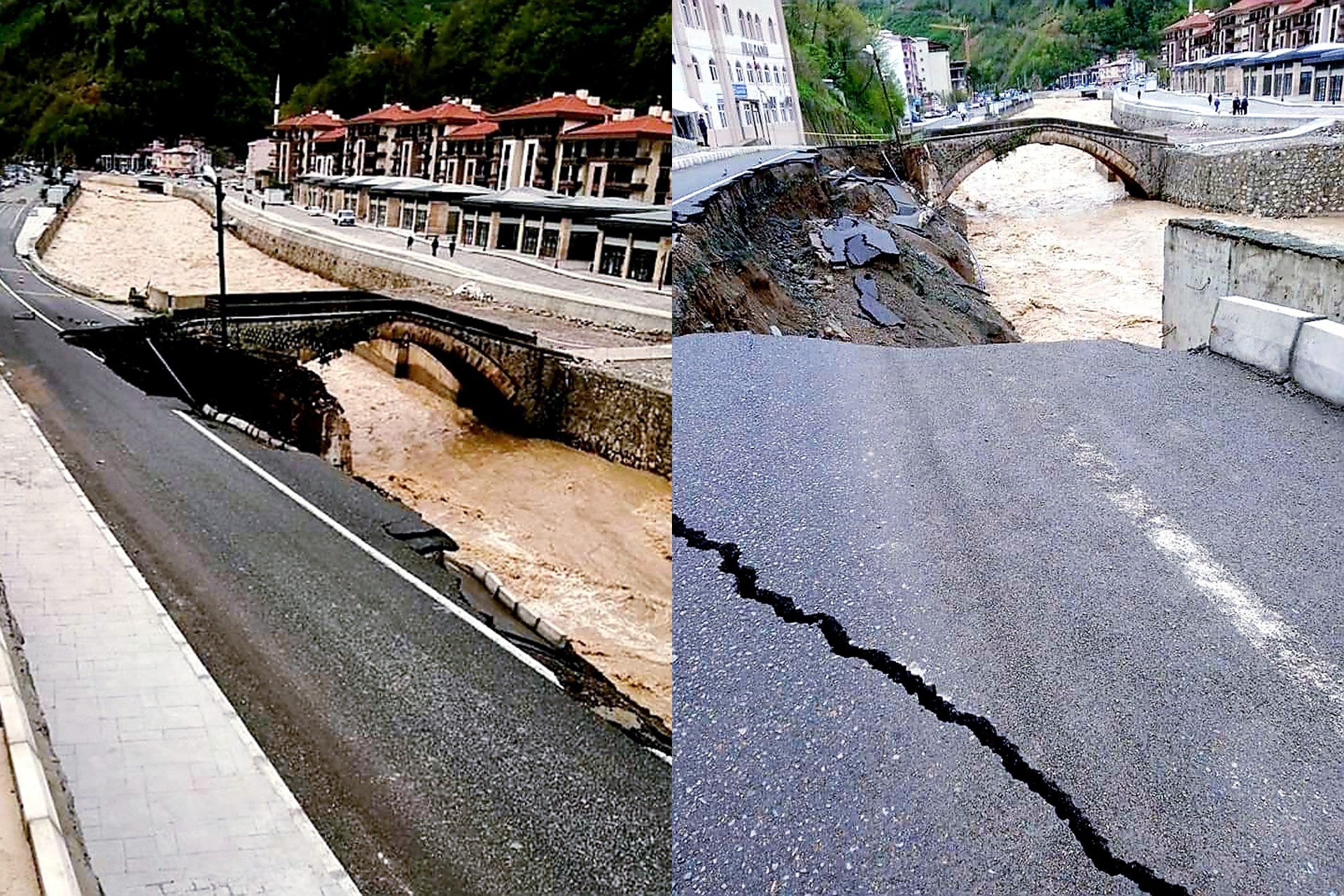 Dereli’de taşkın sonucu yol çöktü, kemer köprü hasar gördü, HES binasını su bastı