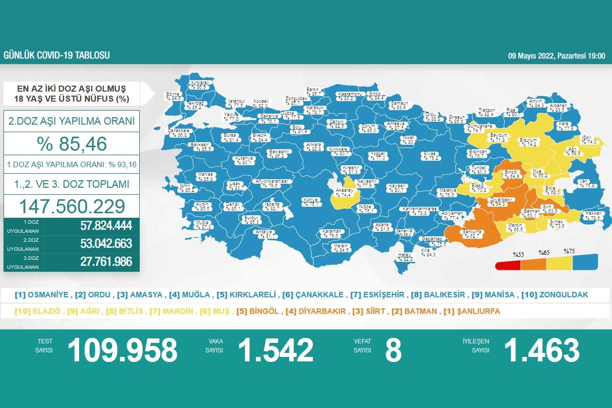 Sağlık Bakanlığının 9 Mayıs 2022 tarihli Kovid-19 haritası