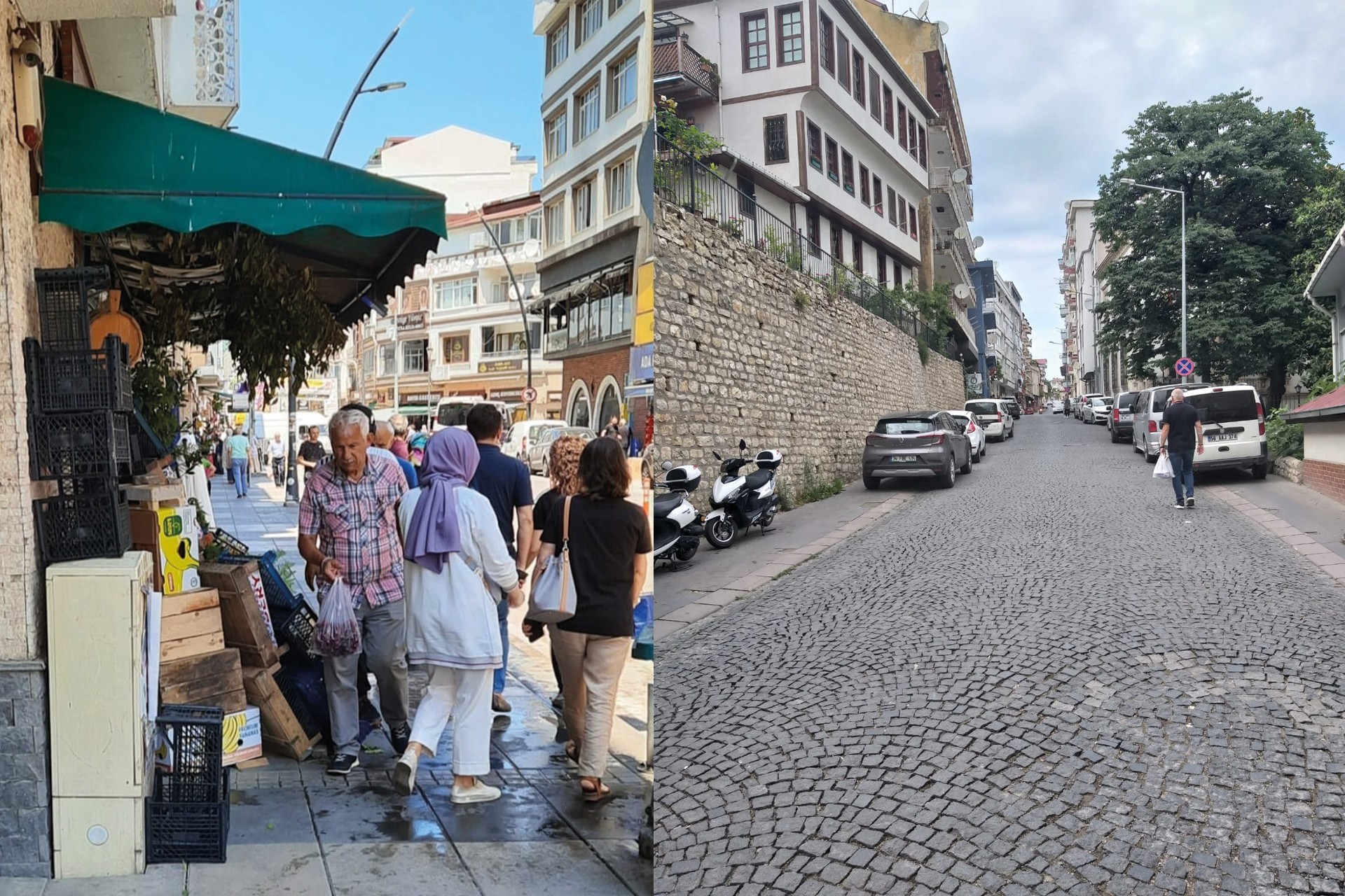 Kaldırıma taşmış kasalardan zorlukla yürüyen insanlar ve kaldırıma sağlı sollu park etmiş araçlar.