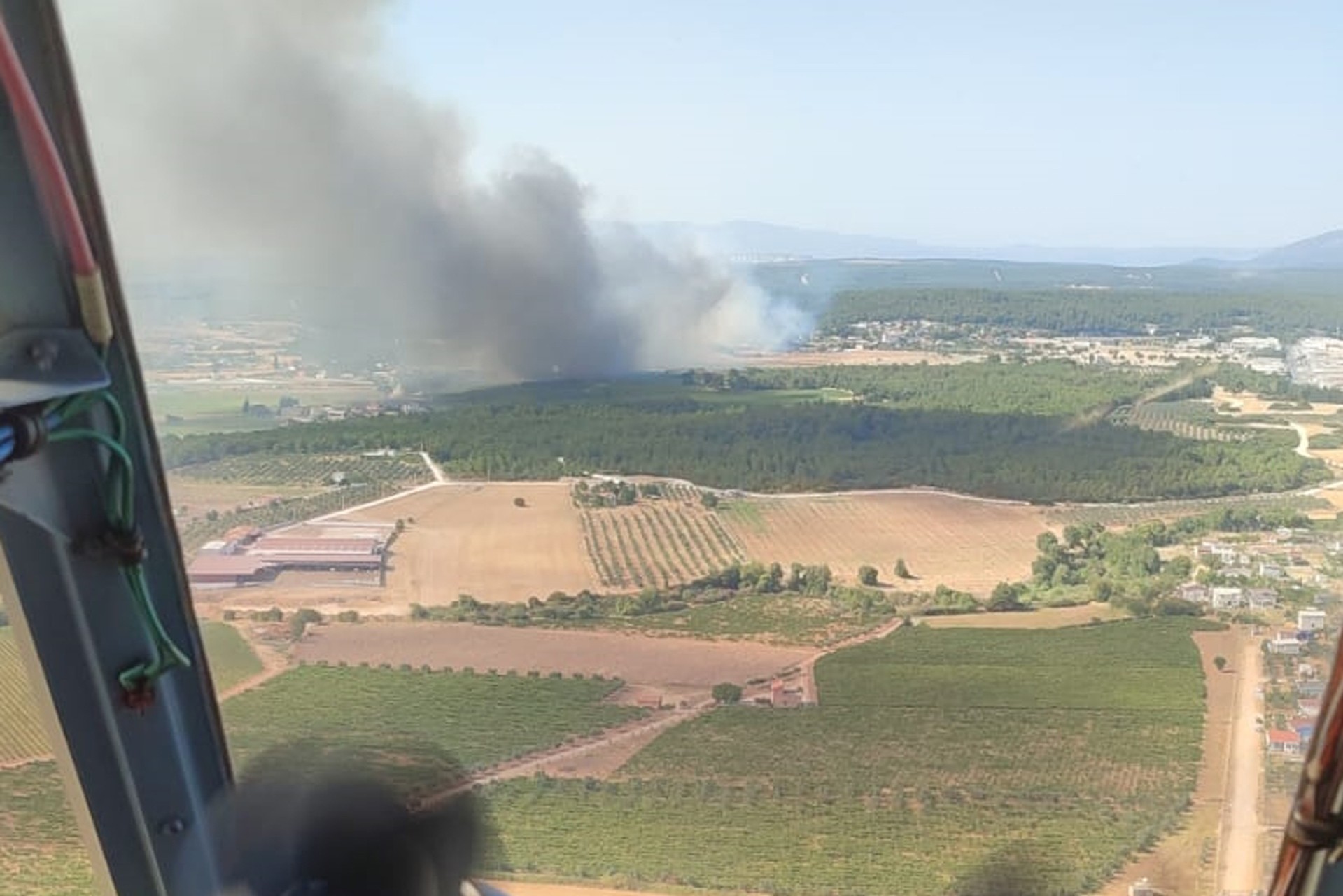 İzmir Gaziemir'de yangın çıkan ormanlık alanın yukarıdan görüntüsü.