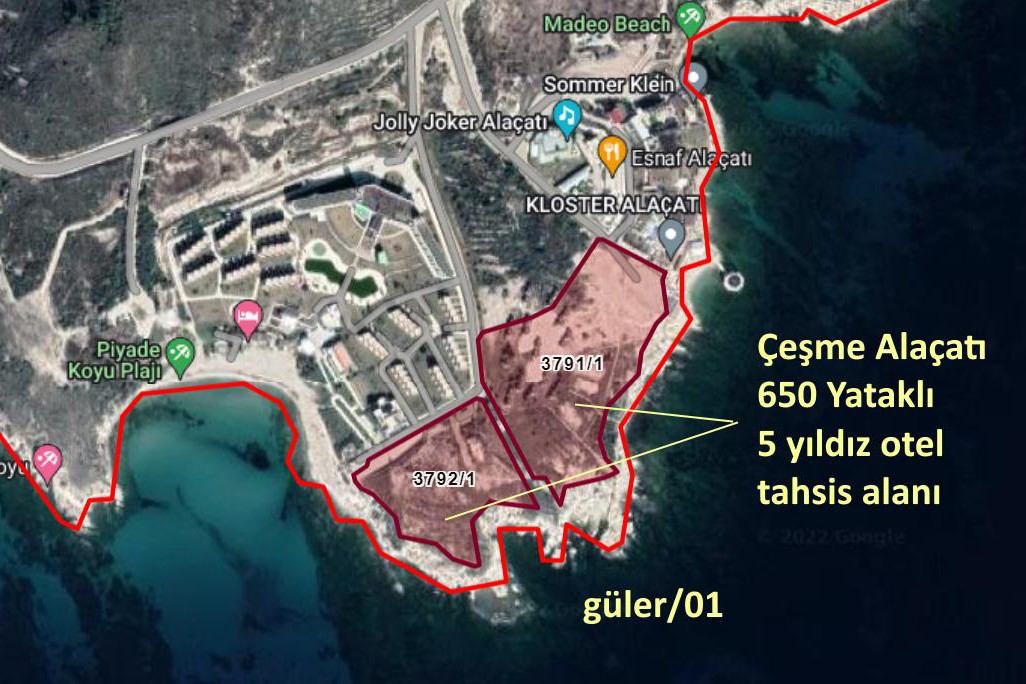 Çeşme'deki otel parsellerini gösteren harita.