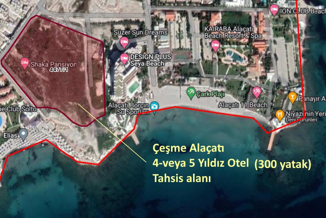 Çeşme'deki otel parsellerini gösteren harita.