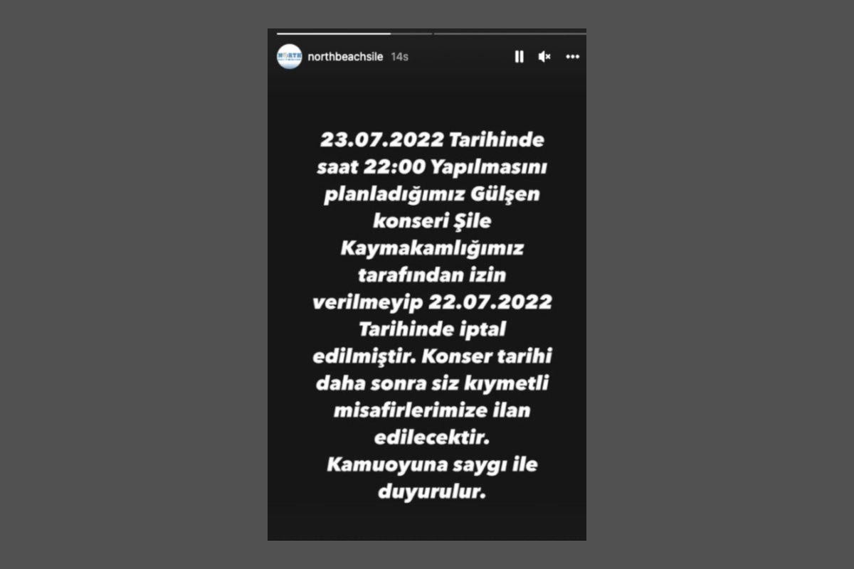 Gülşen'in Şile konserinin iptal duyurusu