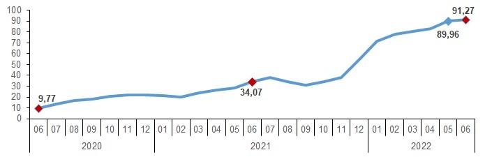 H-ÜFE yıllık değişim oranı (%), Haziran 2022