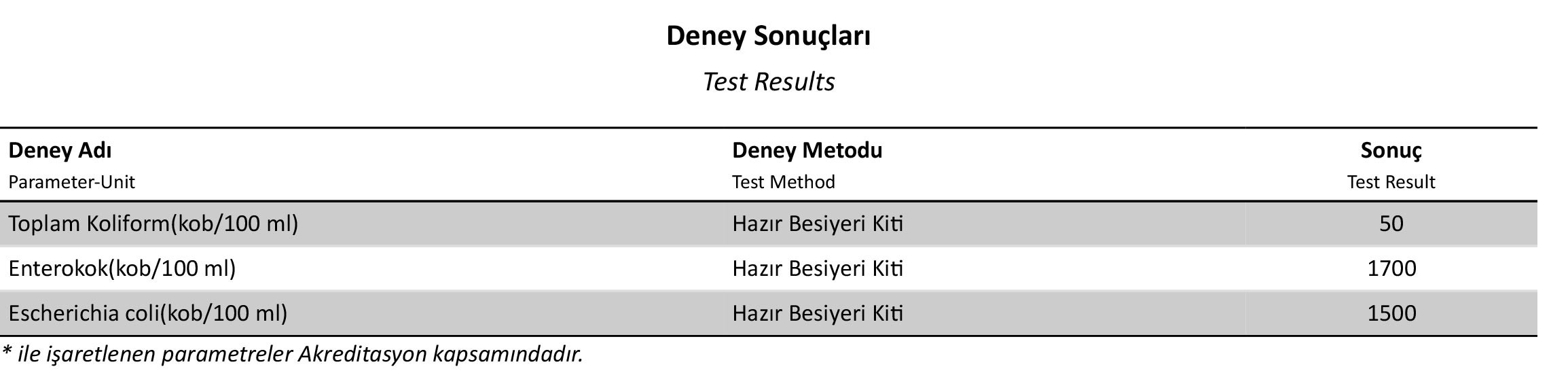 BÇM ÇEVMER Ölçüm Analiz ve Laboratuar Hiz. San. ve Tic. Ltd. Şti. tarafından yapılan analizin sonuçları.