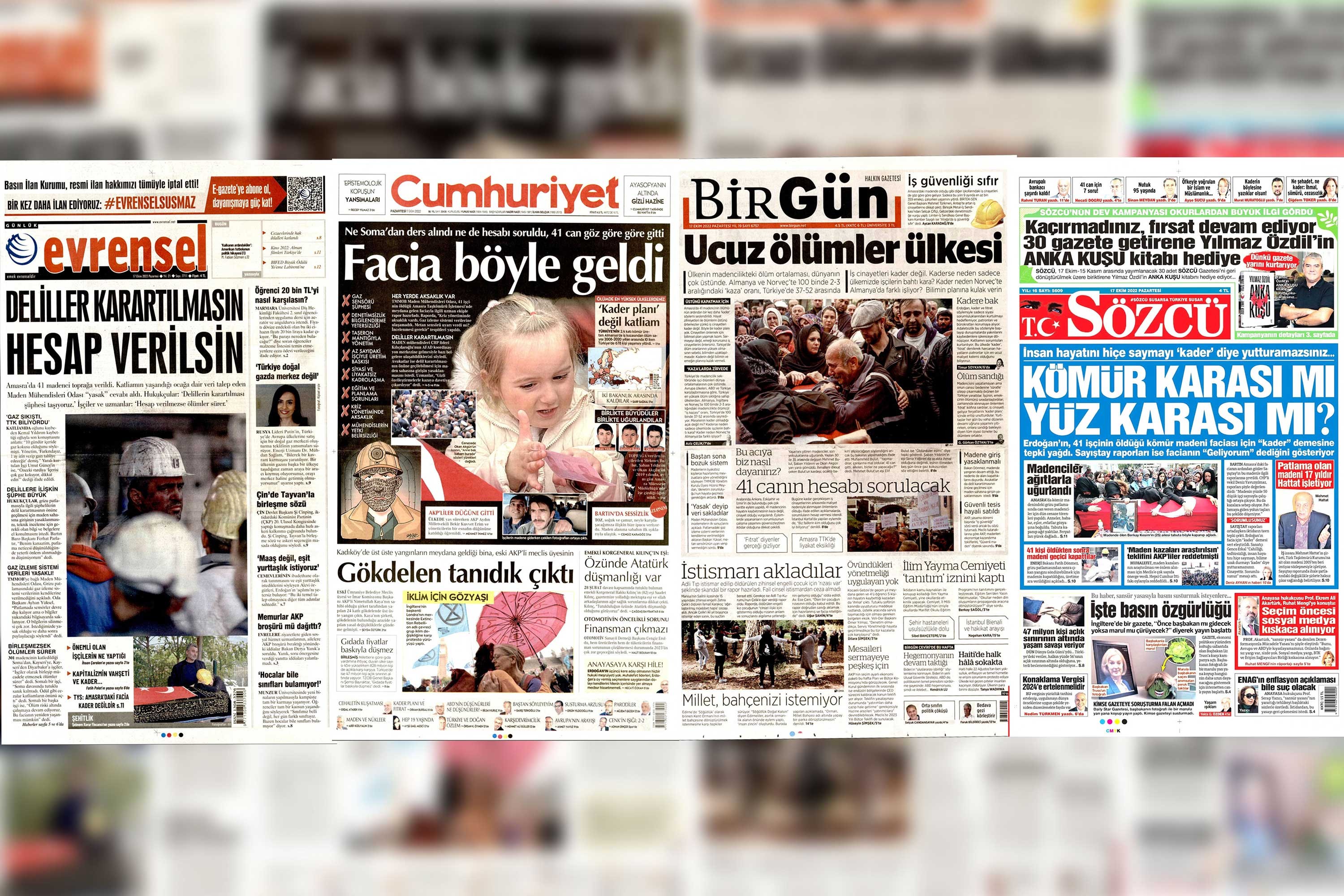 Evrensel, Cumhuriyet, BirGün ve Sözcü'nün birinci sayfaları.