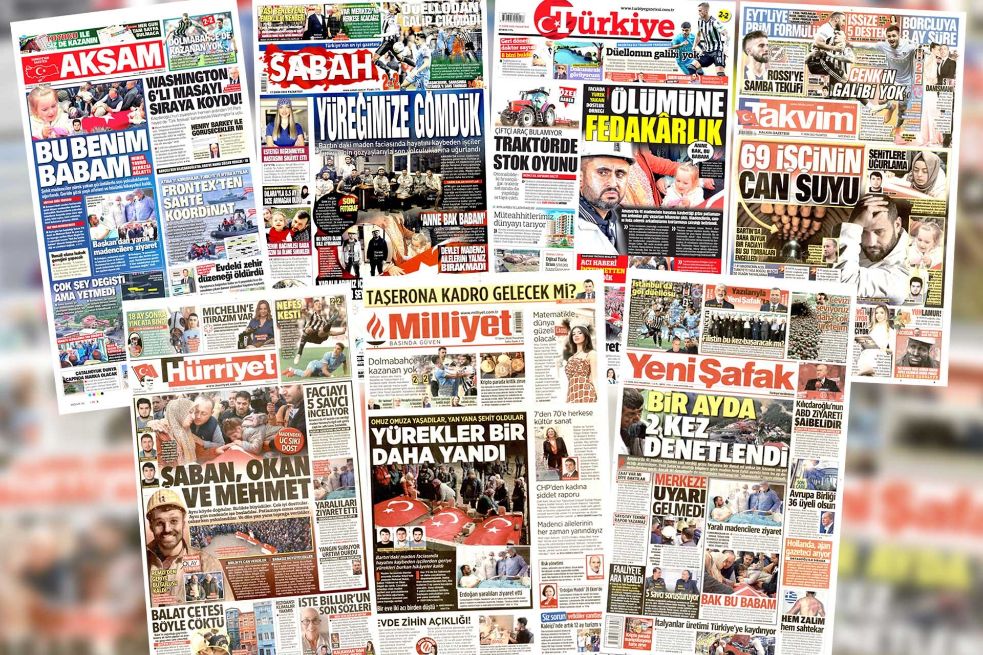 Akşam, Sabah, Türkiye, Takvim, Hürriyet, Milliyet ve Yeni Şafak'ın birinci sayfaları.