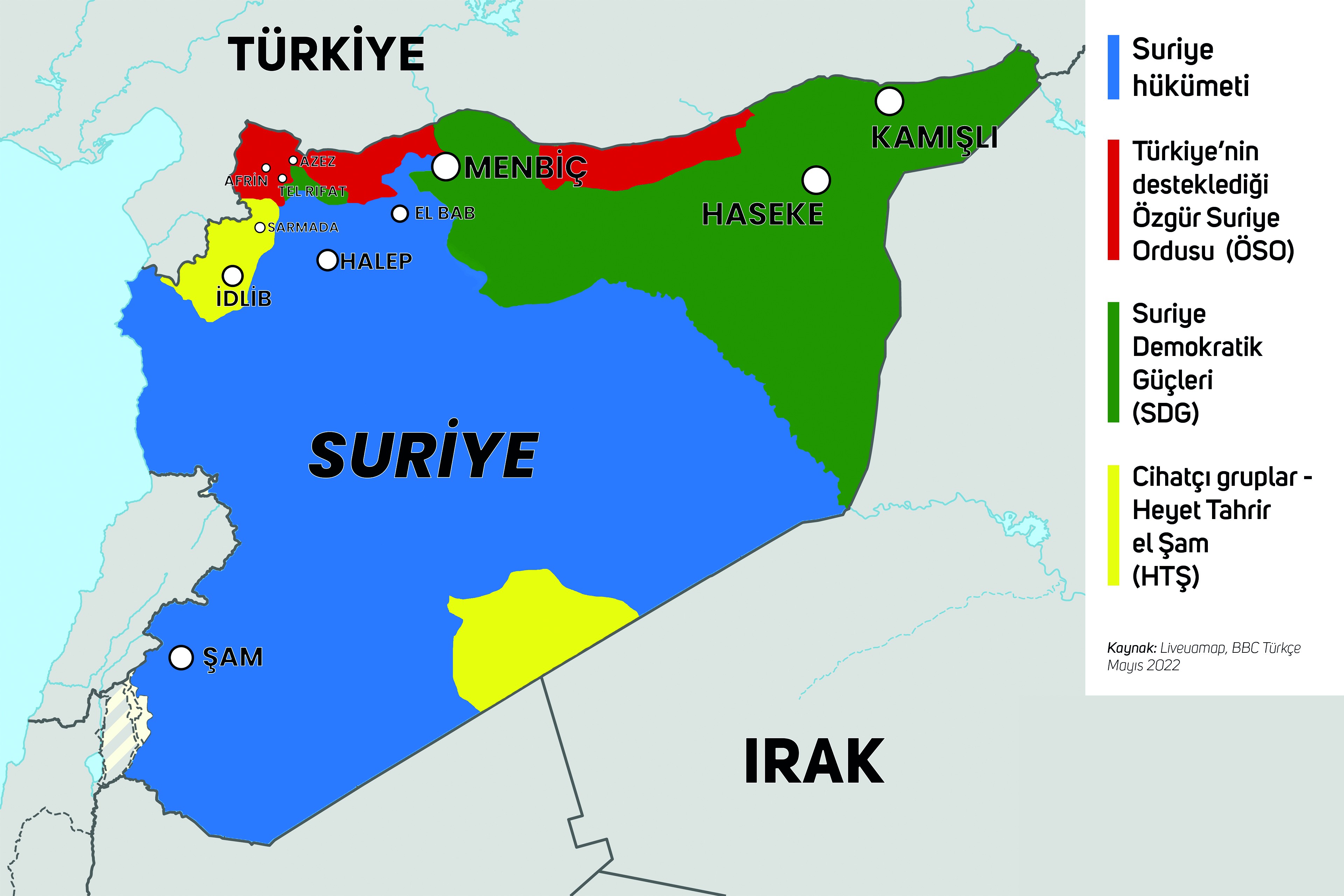 Suriye'deki güçlerin hangi bölgelerde hakimiyet sürdüğünü gösteren harita.