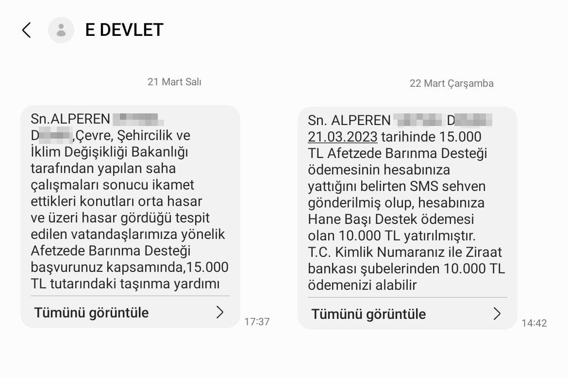 Alperen D'ye gelen iki SMS.