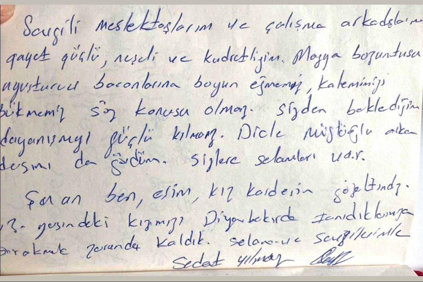 Sedat Yılmaz'ın avukatları aracılığıyla gönderdiği mesaj.