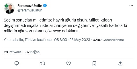 Feramüz Üstün'ün Twitter paylaşımının ekran görüntüsü