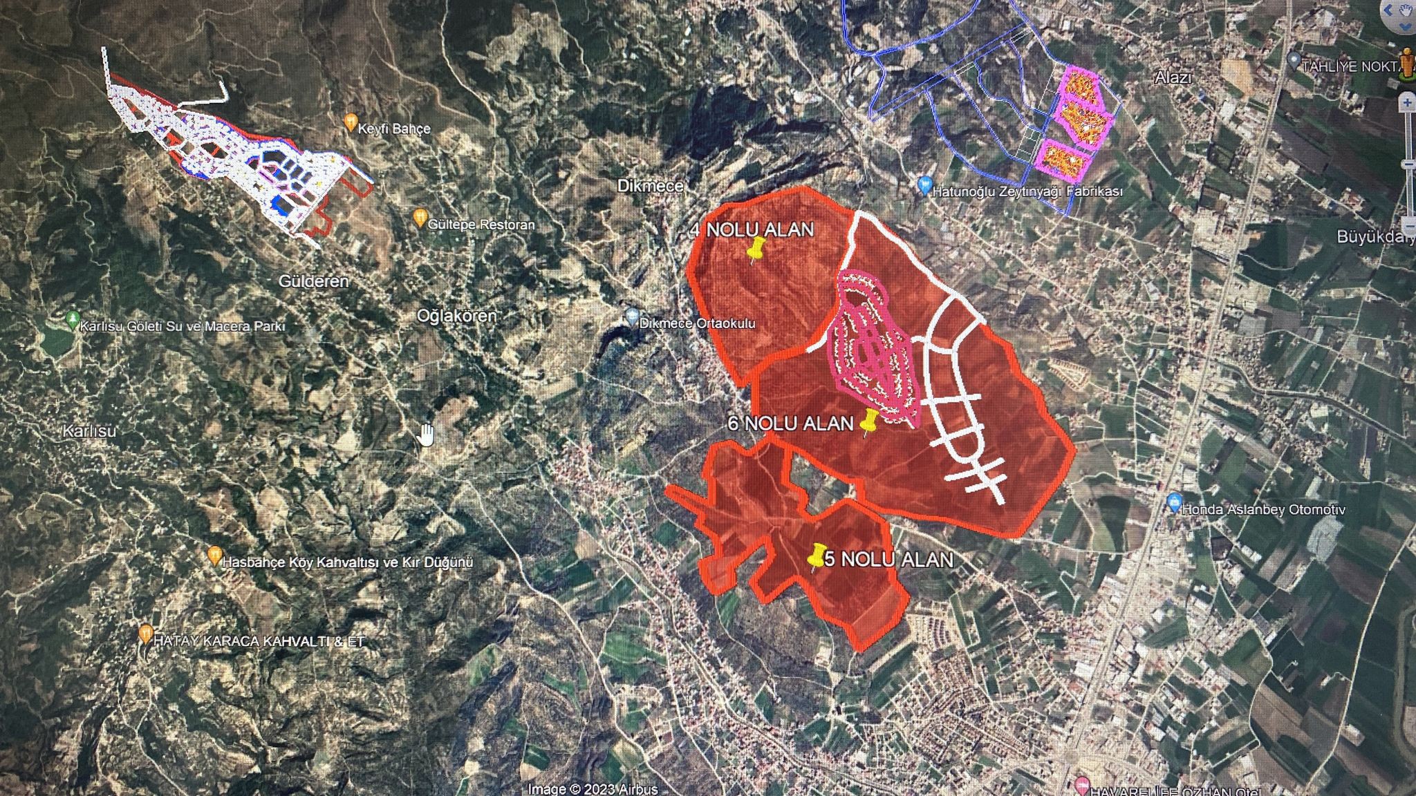 Dikmece'de Kamulaştırma kararı verilen araziyi gösteren uydu görüntüsü.