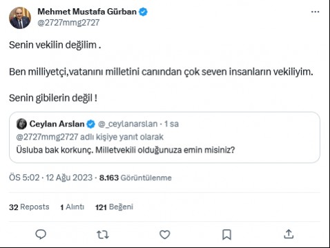 İYİ Parti'li Gürban'ın twitter paylaşımının ekran görüntüsü