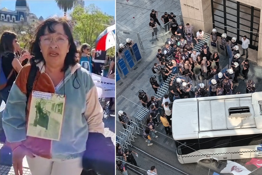 Solda, Plaza De Mayo Anneleri'nin destek videosundan ekran görüntüsü. Sağda, Cumartesi Anneleri gözaltına alınıyor. 