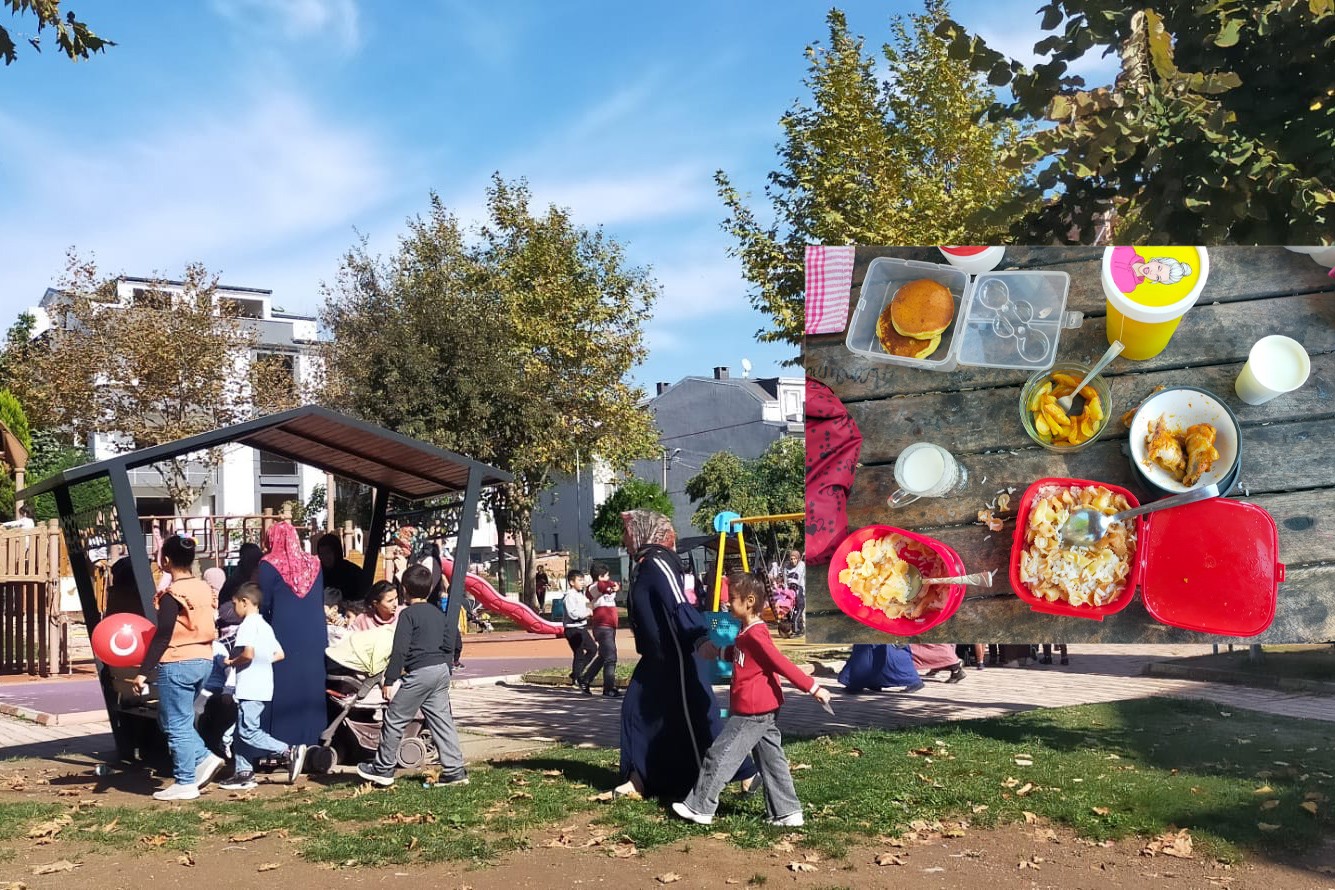 Parkta veliler ve çocuklar. Beslenmede hamur işi ve makarna kolajı