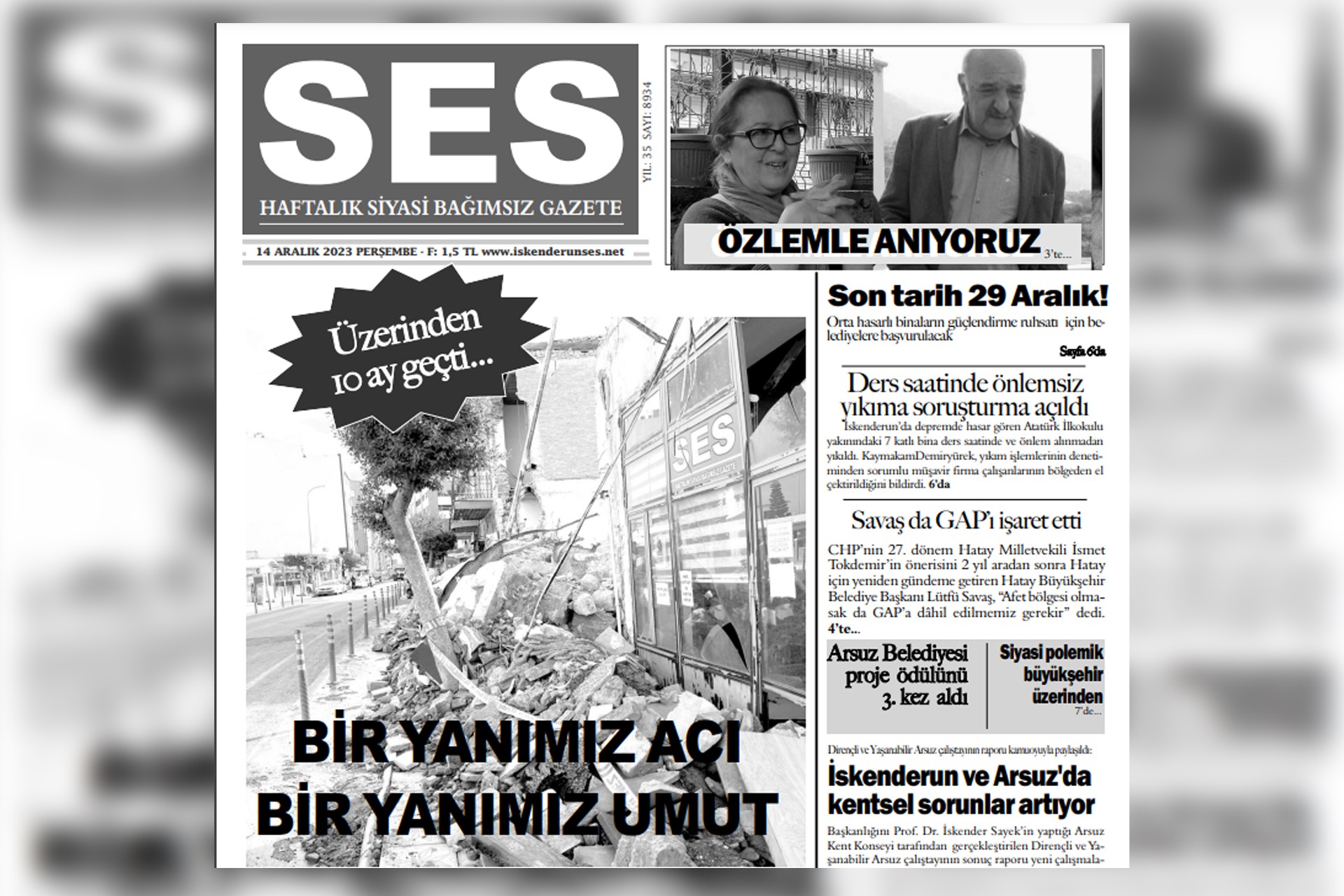 SES gazetesinin 1. sayfası