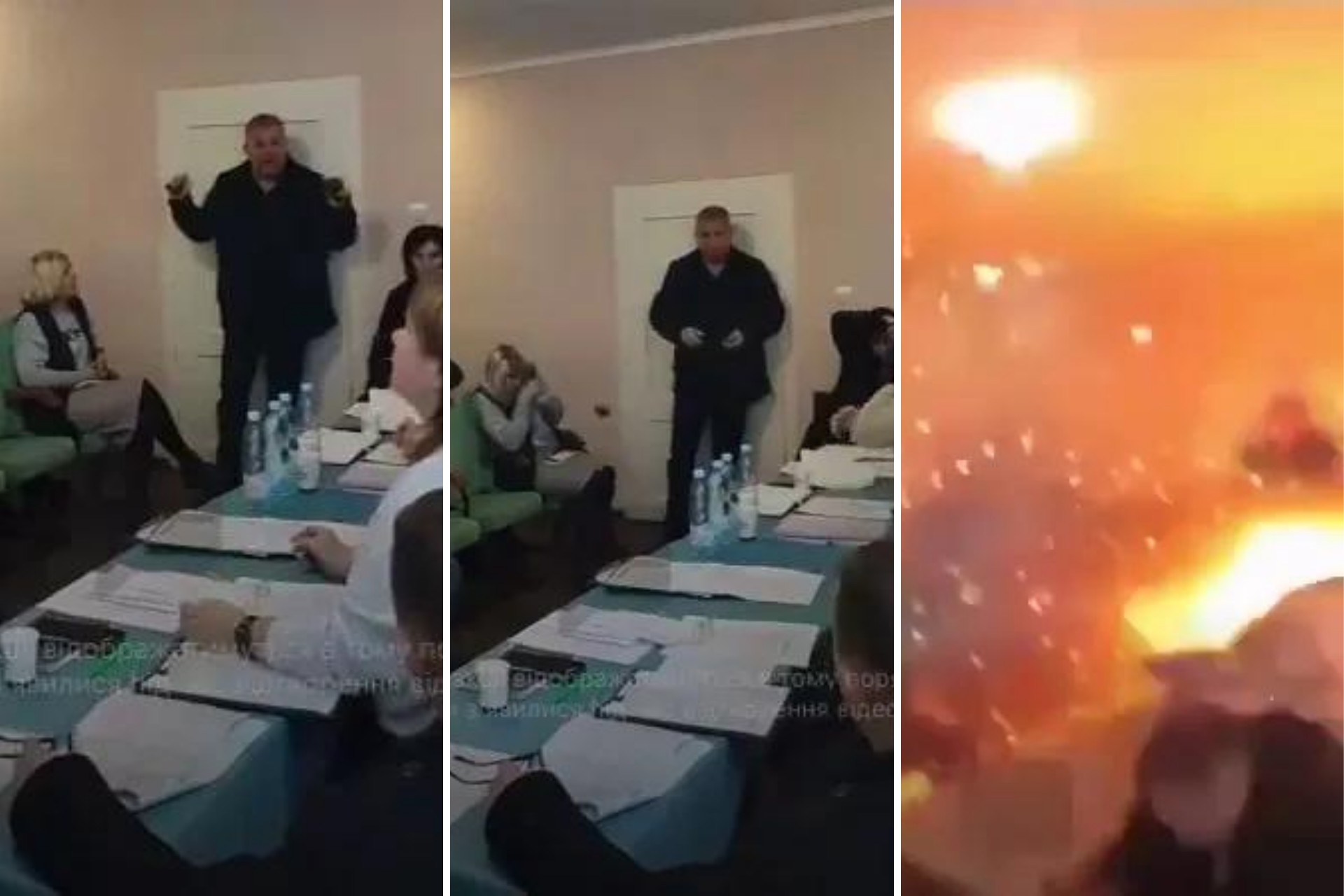 Sergey Batrin'in toplantı odasına girdiği ve elindeki bombaları fırlattığı görülüyor