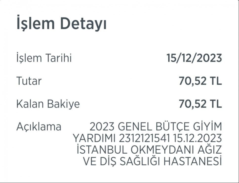 Sağlık emekçilerine ödenen kıyafet desteğinin banka dekontu