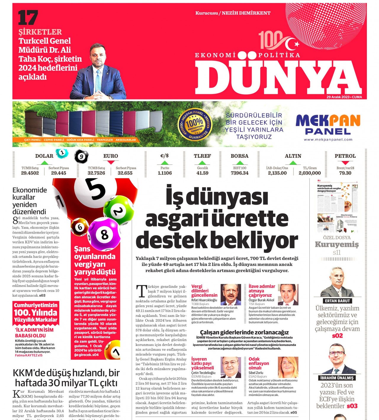 Dünya gazetesinin 29 Aralık 2023 tarihli birinci sayfası