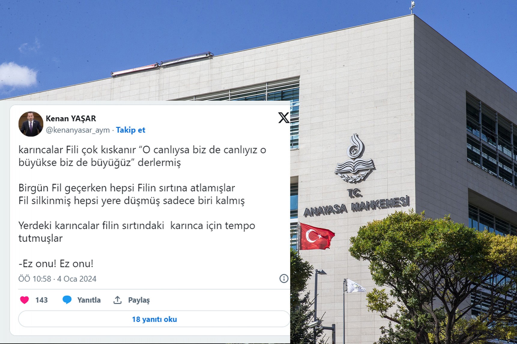 tweet ve Anayasa Mahkemesi binasının dıştan görünümü 