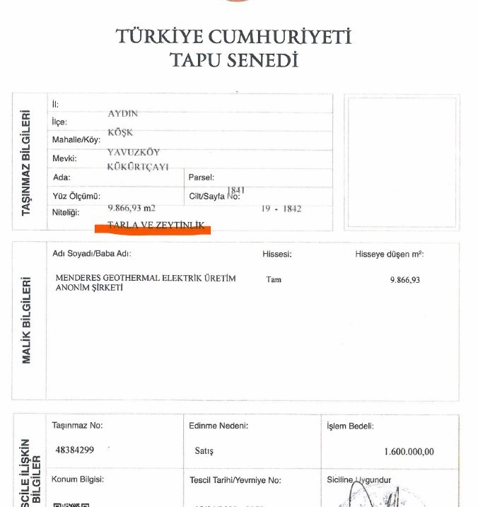 Arazilerin tarla ve zeytinlik olduğunu gösteren tapu kayıtları.