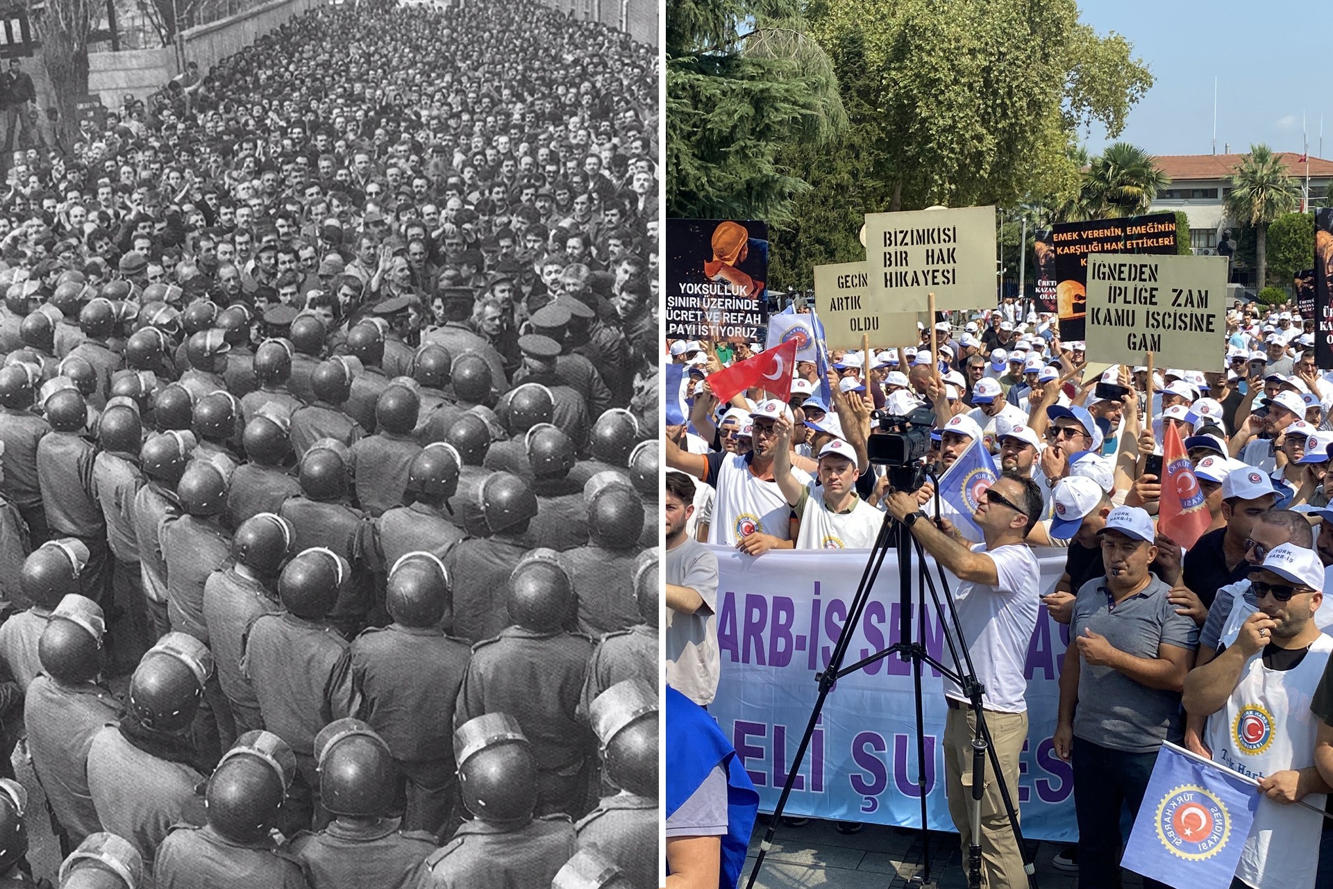 Taşkızak Tersane işçilerinin 14 Nisan 1989 tarihli eylemi (Kaynak: Türkiye Sendikacılık Ansiklopedisi) | Kamu işçilerinin ek zam eylemi (Fotoğraf: Evrensel)