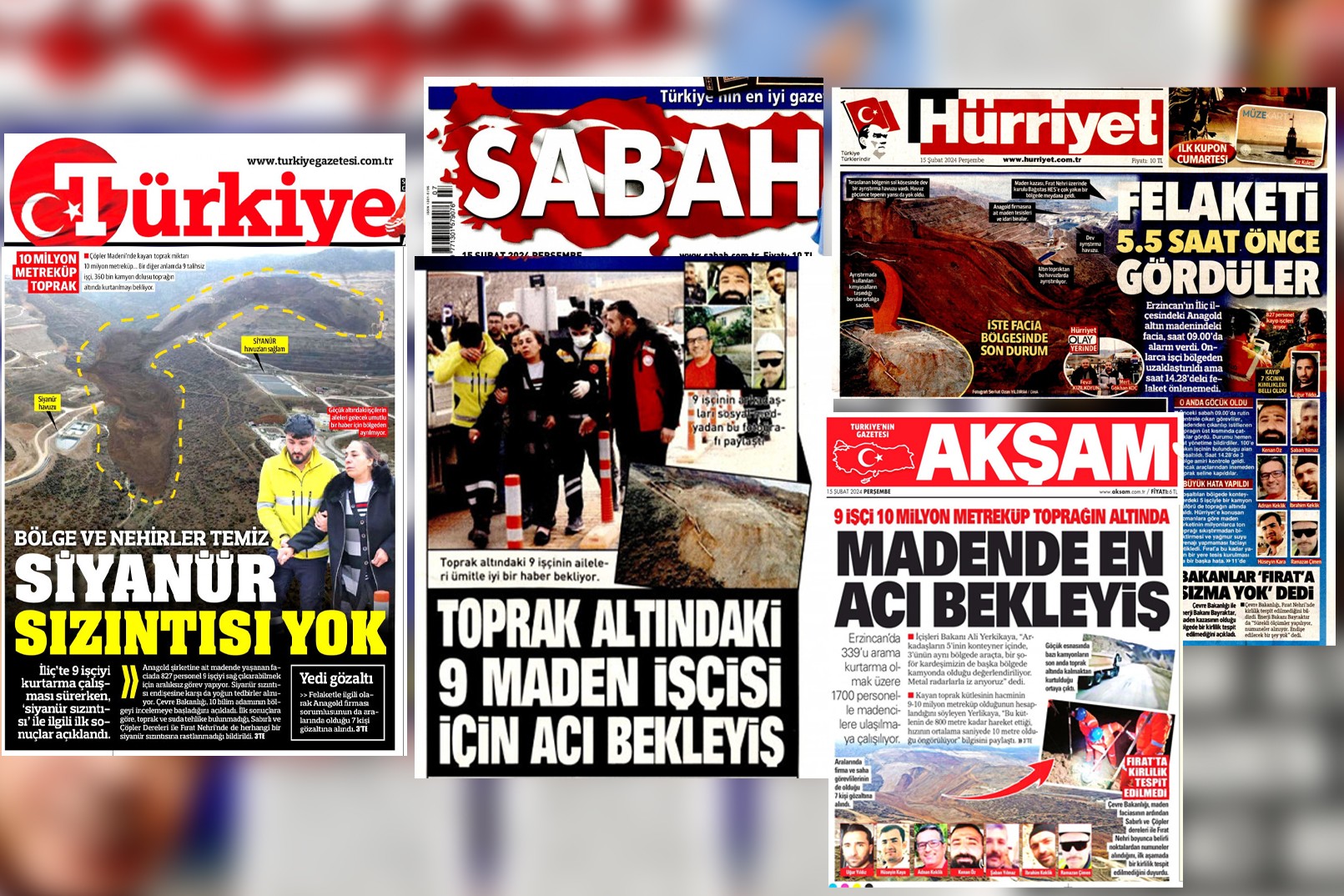 Türkiye, Sabah, Hürriyet, Akşam'ın 15 Şubat 2024 tarihli 1. sayfaları