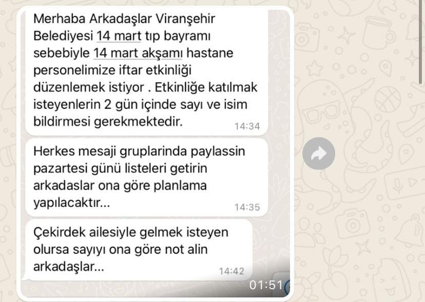 Sağlıkçılara iletilen mesajın ekran görüntüleri.