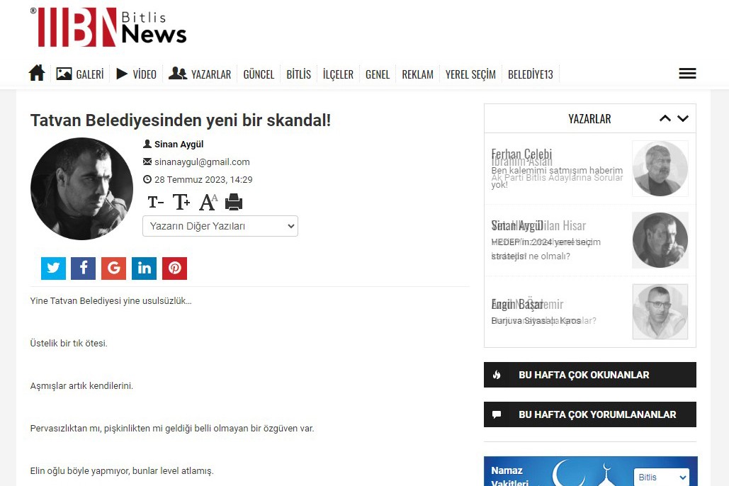 Sinan Aygül ün Bitlis News sitesinde yayımlanan yazısı 