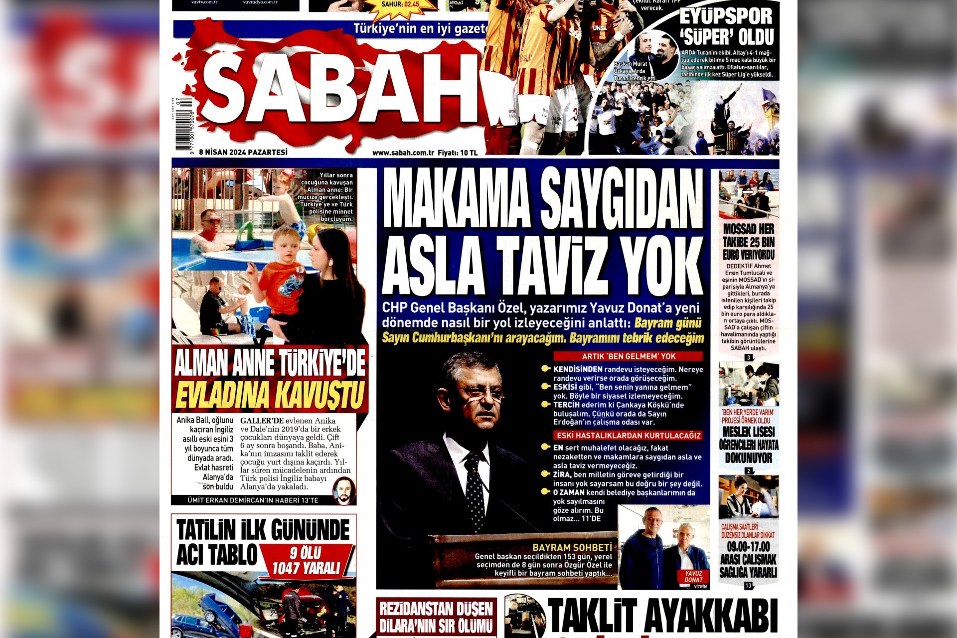 Sabah Gazetesinin 8 Nisan 2024 tarihli manşeti