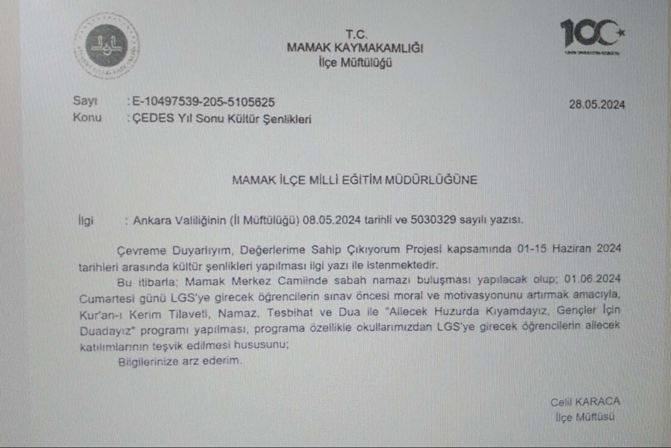 Mamak İlçe Müftülüğünün, İlçe Milli Eğitim Müdürlüğü'ne gönderdiği yazı