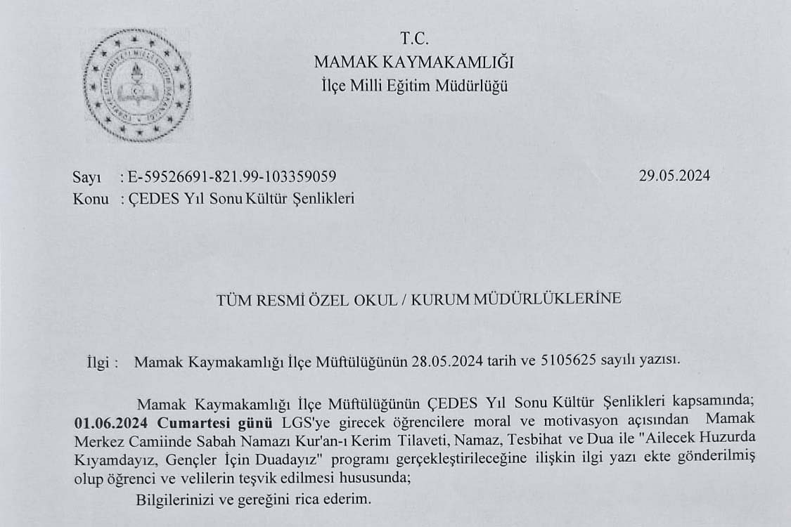 Mamak İlçe Milli Eğitim Müdürlüğü'nün okullara gönderdiği yazı