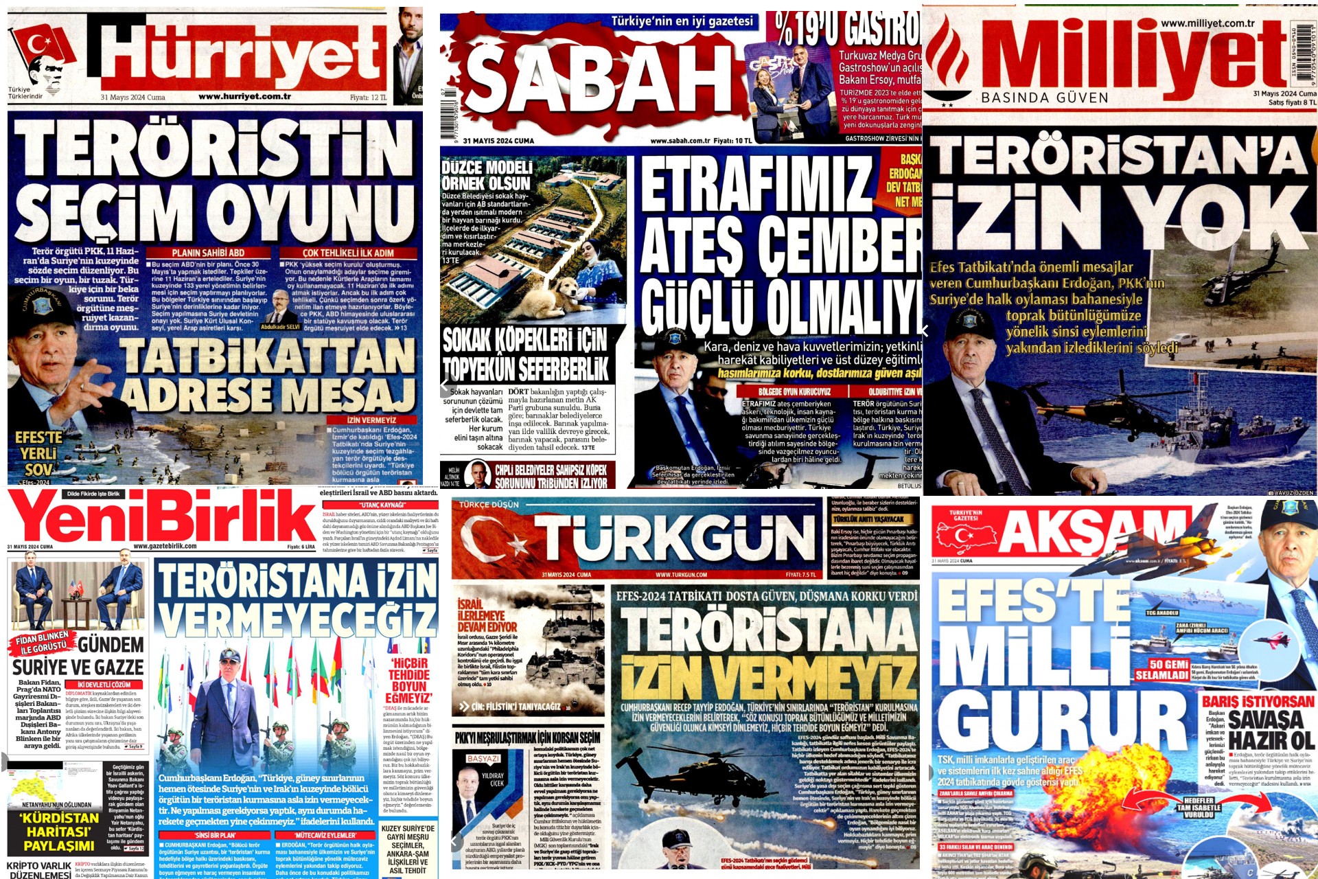 Hürriyet, Sabah, Milliyet, Yeni Birlik, Türkgün, Akşam'ın 31 Mayıs 2024 manşetleri