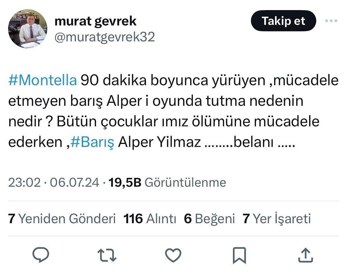 Murat Gevrek'in ilgili paylaşımının ekran görüntüsü.