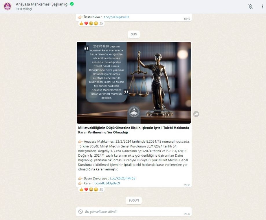 AYM'nin WhatsApp kanalından ekran görüntüsü
